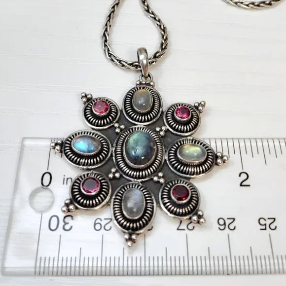 Suarti Sterling Silver Multi Stone Large Starburst or Flower Pendant Necklace - Picture 4 of 10